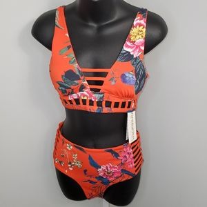 Tini Bikini Reversable Red Floral Two Piece Size L